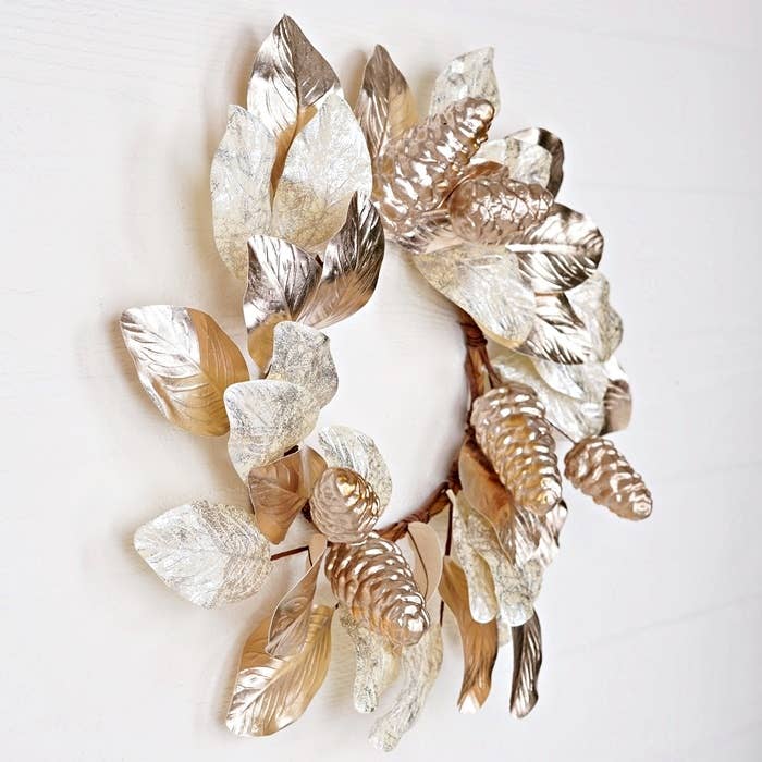 30800 - 20in Wreath - Champagin Metalic Magnolia Leaves with Bu - HER Home Design Boutique